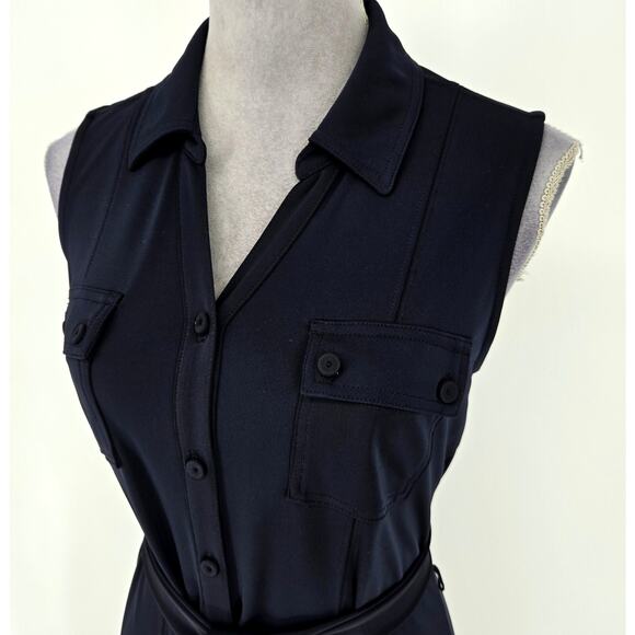 Talbots Dress Petites MP PM Navy Blue Stretch Knit Button Front Maxi Belt Career - Picture 6 of 10